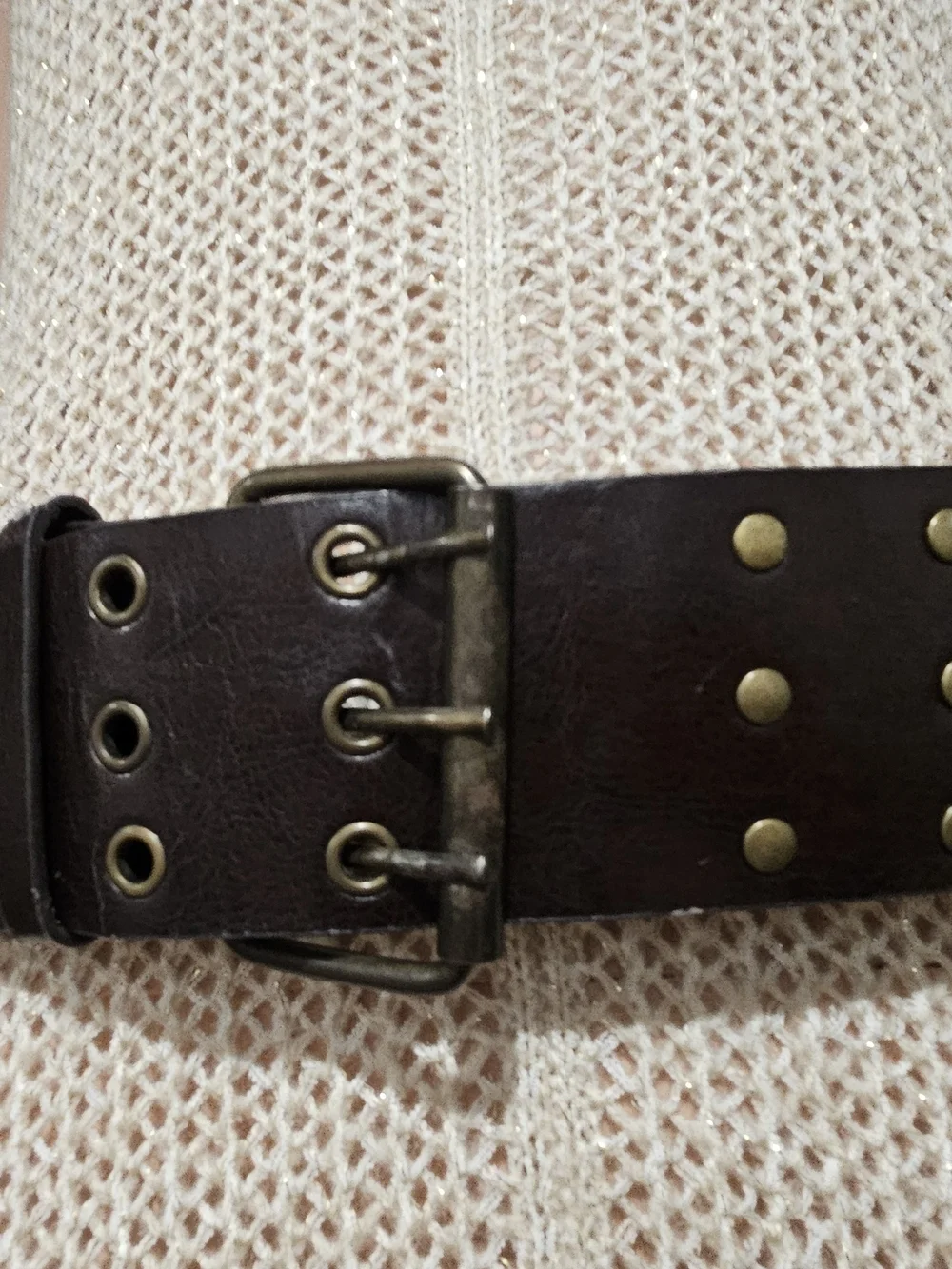 Vintage Wide Brown Leather Grommet Studded Belt Double Prong Waist Belt